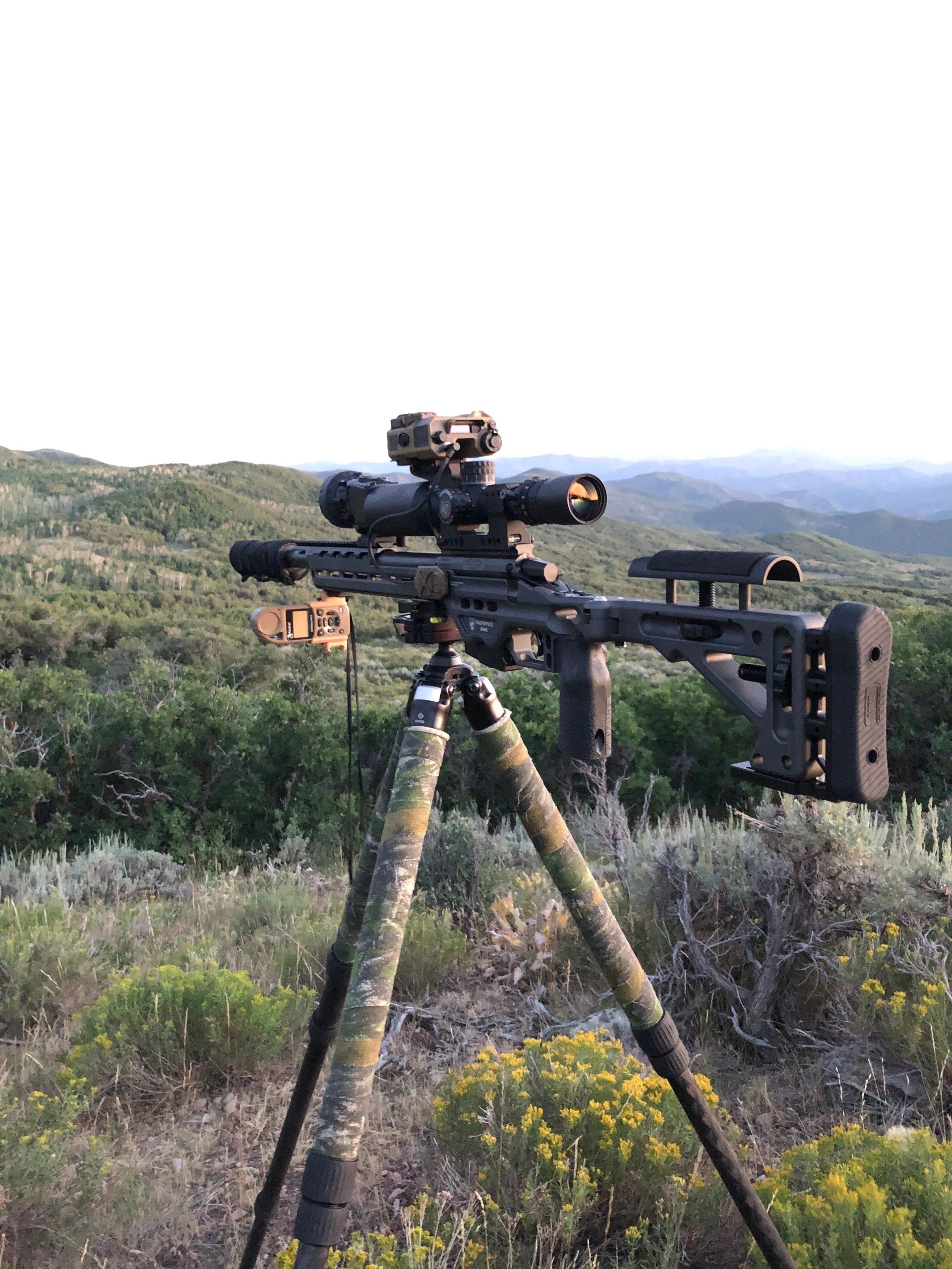 Precision rifle in mountain landscape